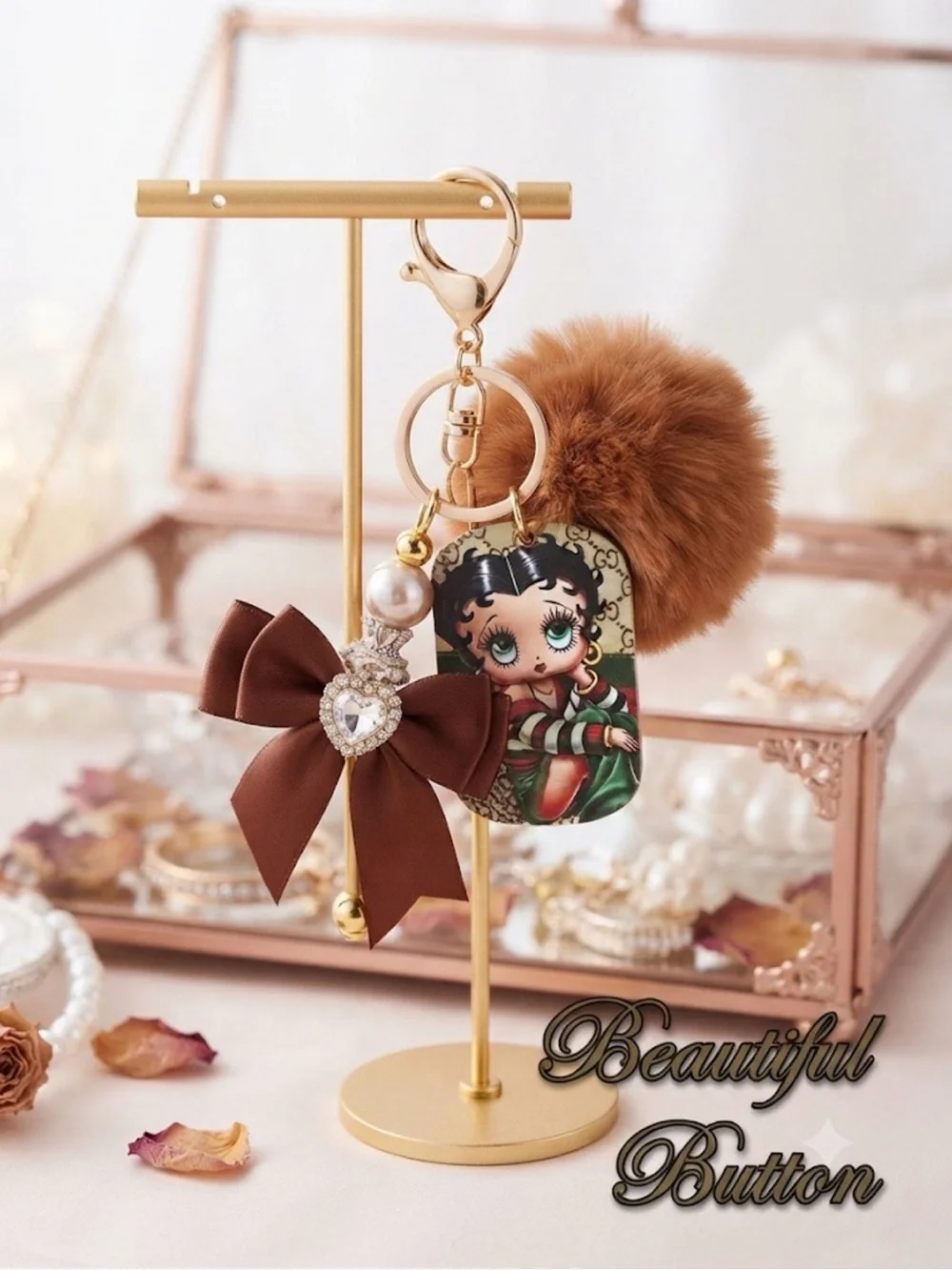 Custom made  Brown Pom & Bow Betty Keychain